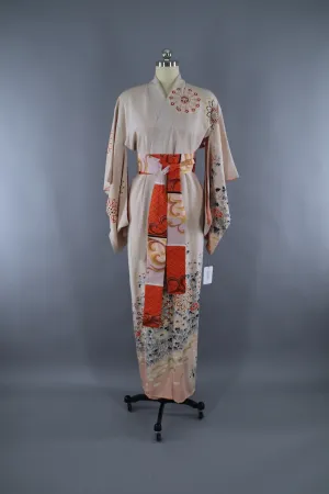 1940s Vintage Silk Kimono Robe / Grey Red Floral Medallions Print