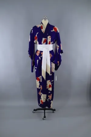 1940s Vintage Silk Kimono Robe / Royal Blue & Red Abstract Print