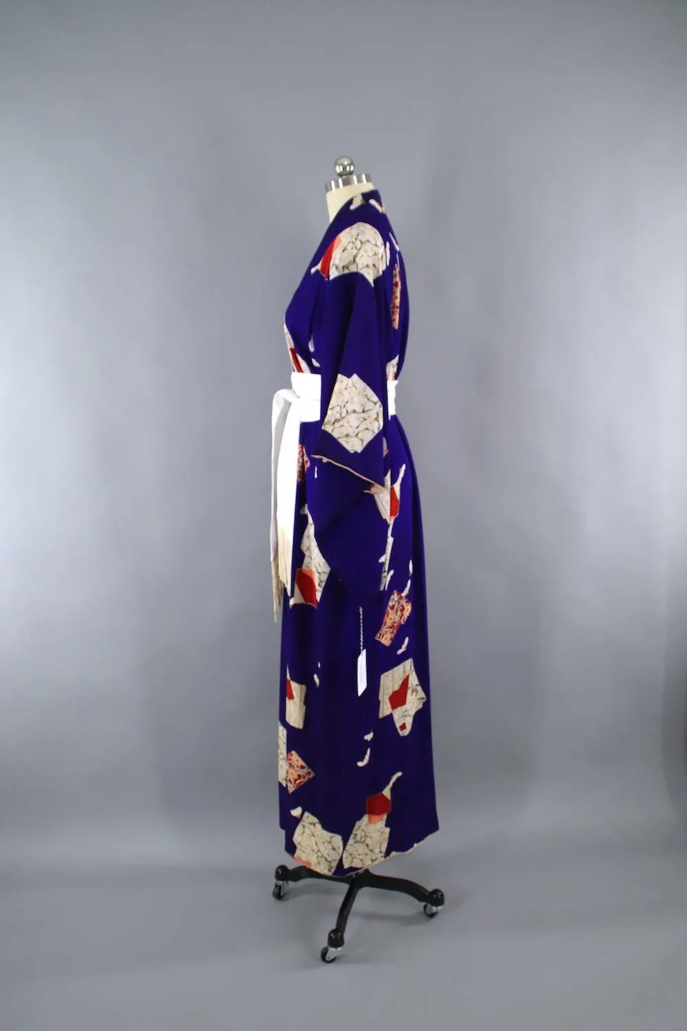 1940s Vintage Silk Kimono Robe / Royal Blue & Red Abstract Print