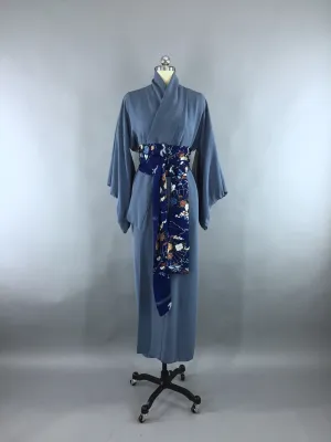 1950s Vintage Silk Kimono Robe / Blue Silk Crepe