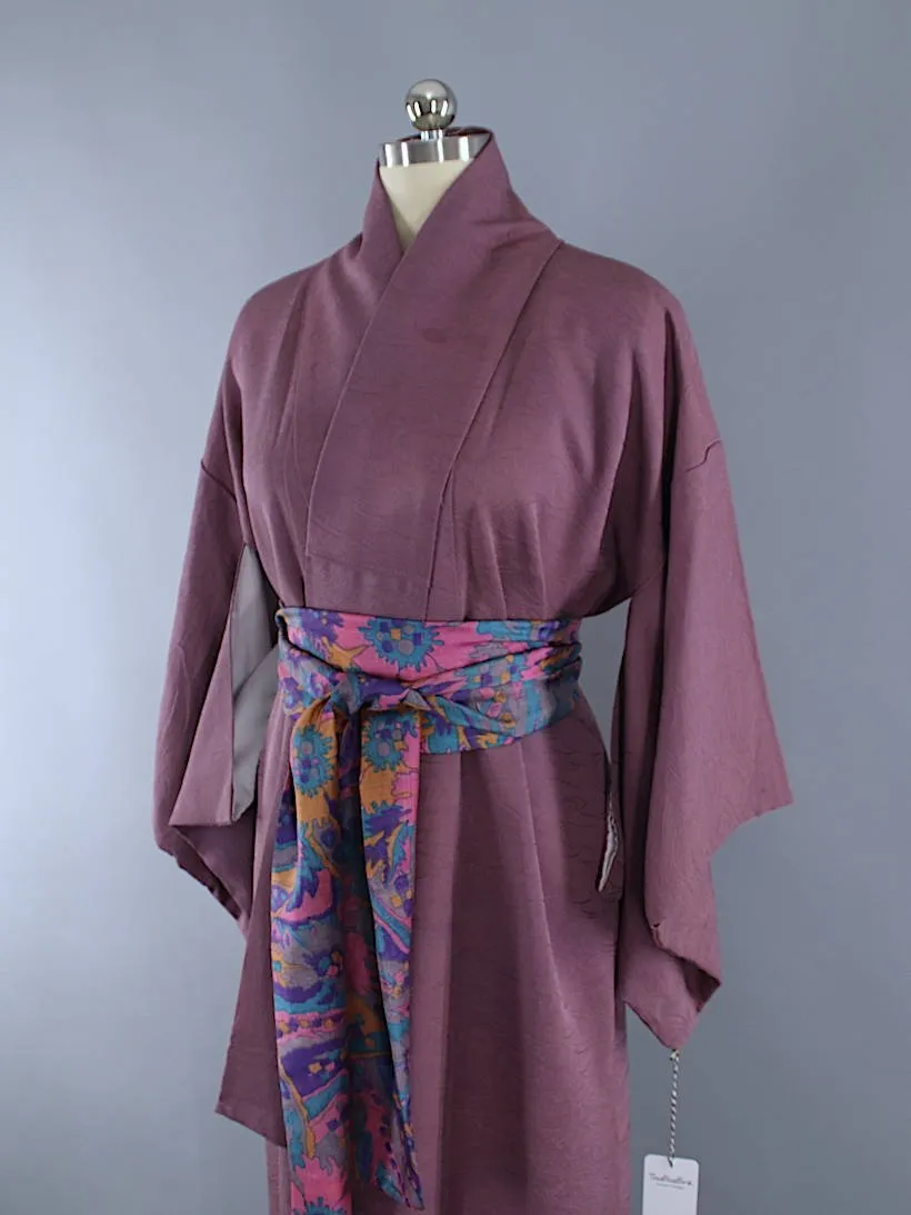 1950s Vintage Silk Kimono Robe / Dark Purple Waves