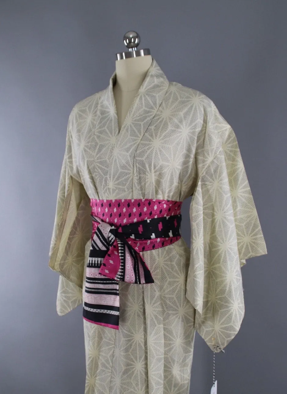 1950s Vintage Silk Kimono Robe / Meisen White & Black Stars