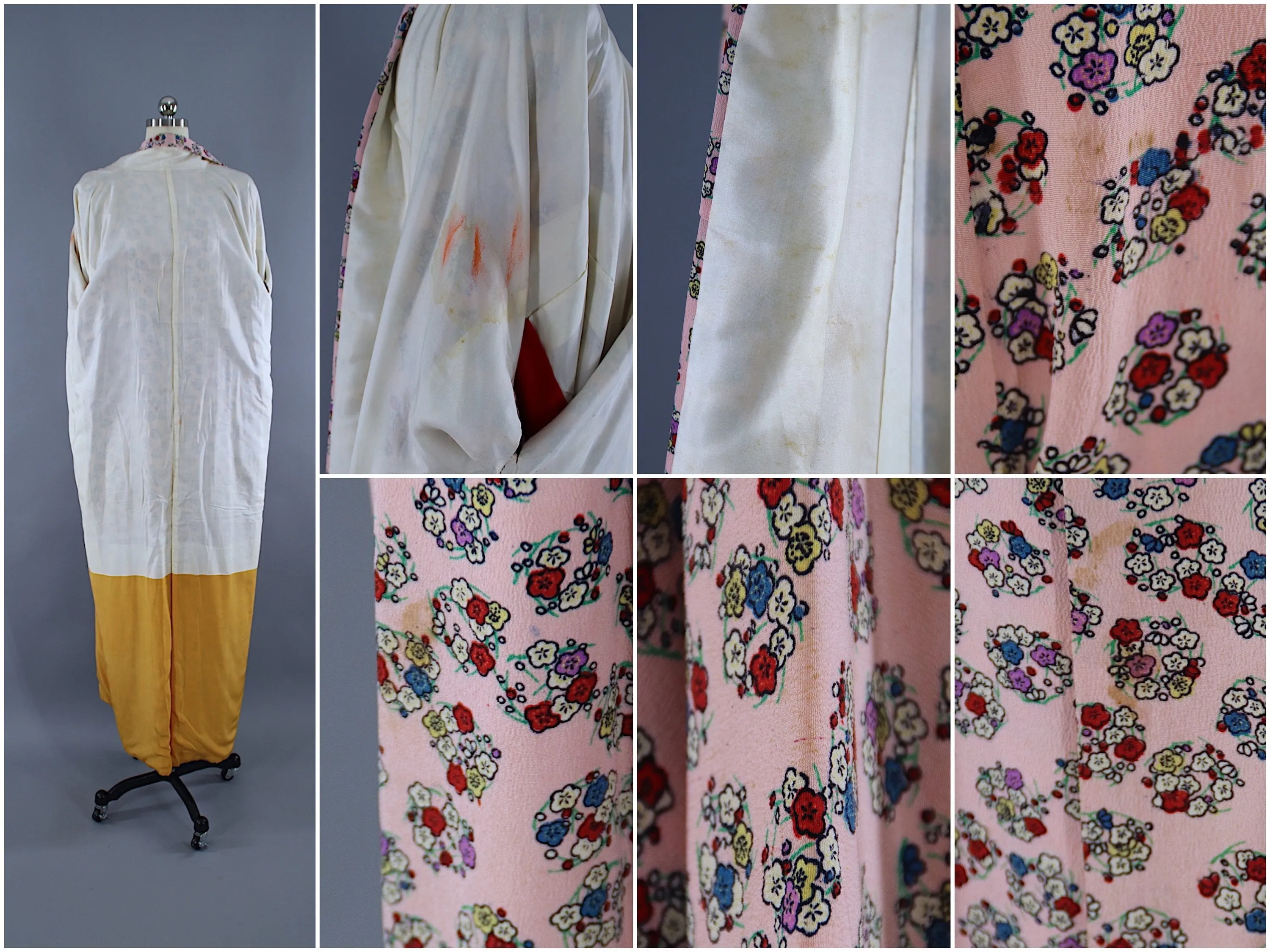 1950s Vintage Silk Kimono Robe / Pink Floral Print