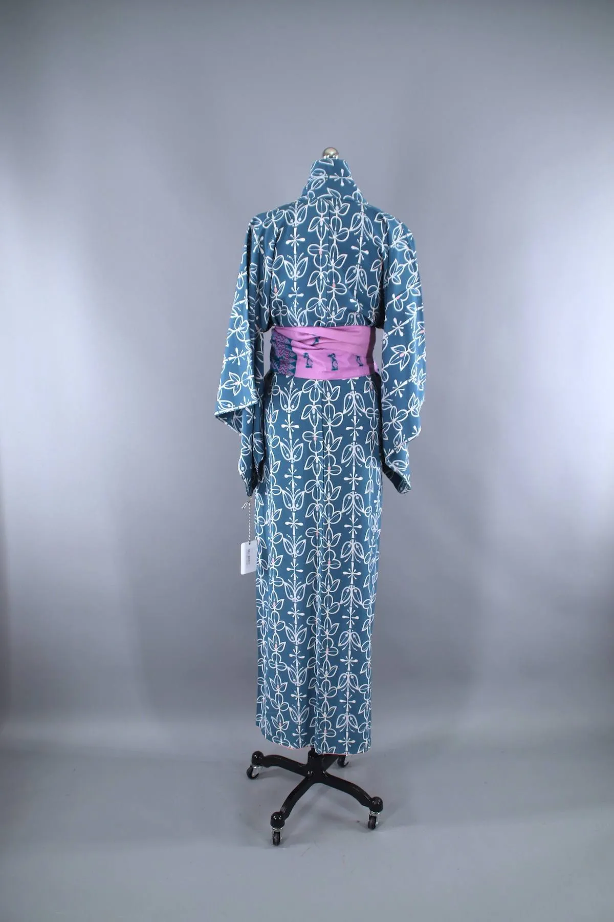 1950s Vintage Silk Kimono Robe / Teal Blue Floral