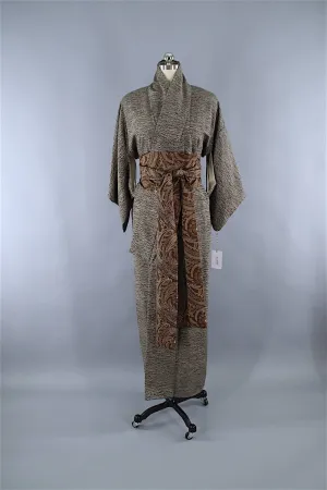 1960s Vintage Silk Kimono Robe / Brown Abstract Print