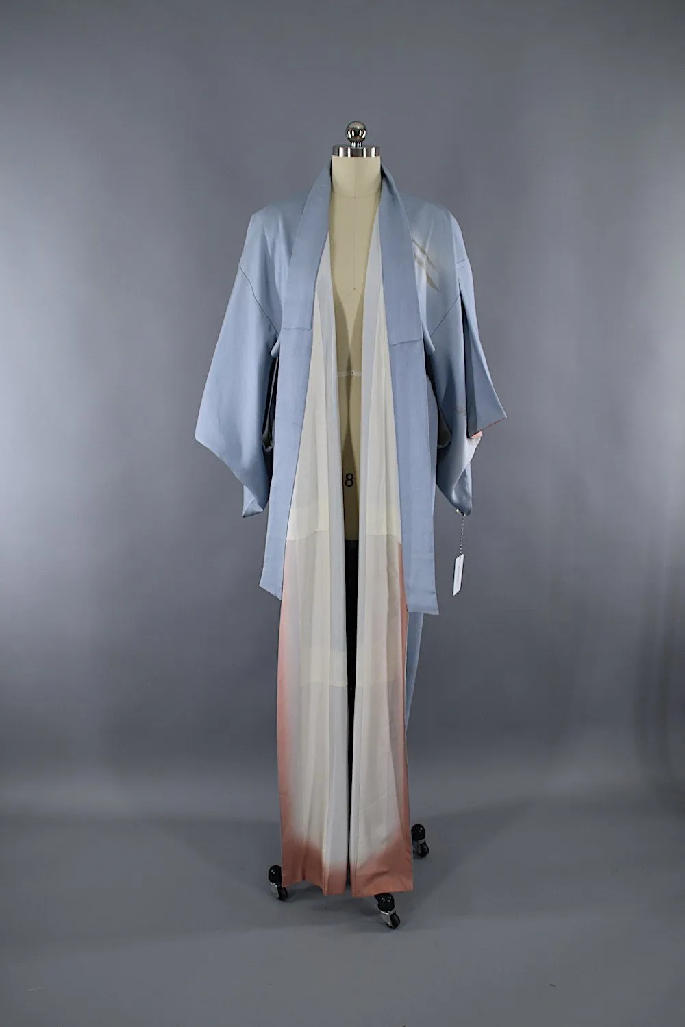 1960s Vintage Silk Kimono Robe / Dusty Sky Blue Embroidered Floral