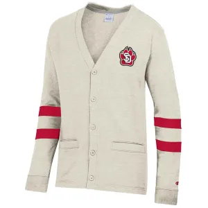 2024 Champion Oatmeal Cardigan with Red Stripes on Sleeve