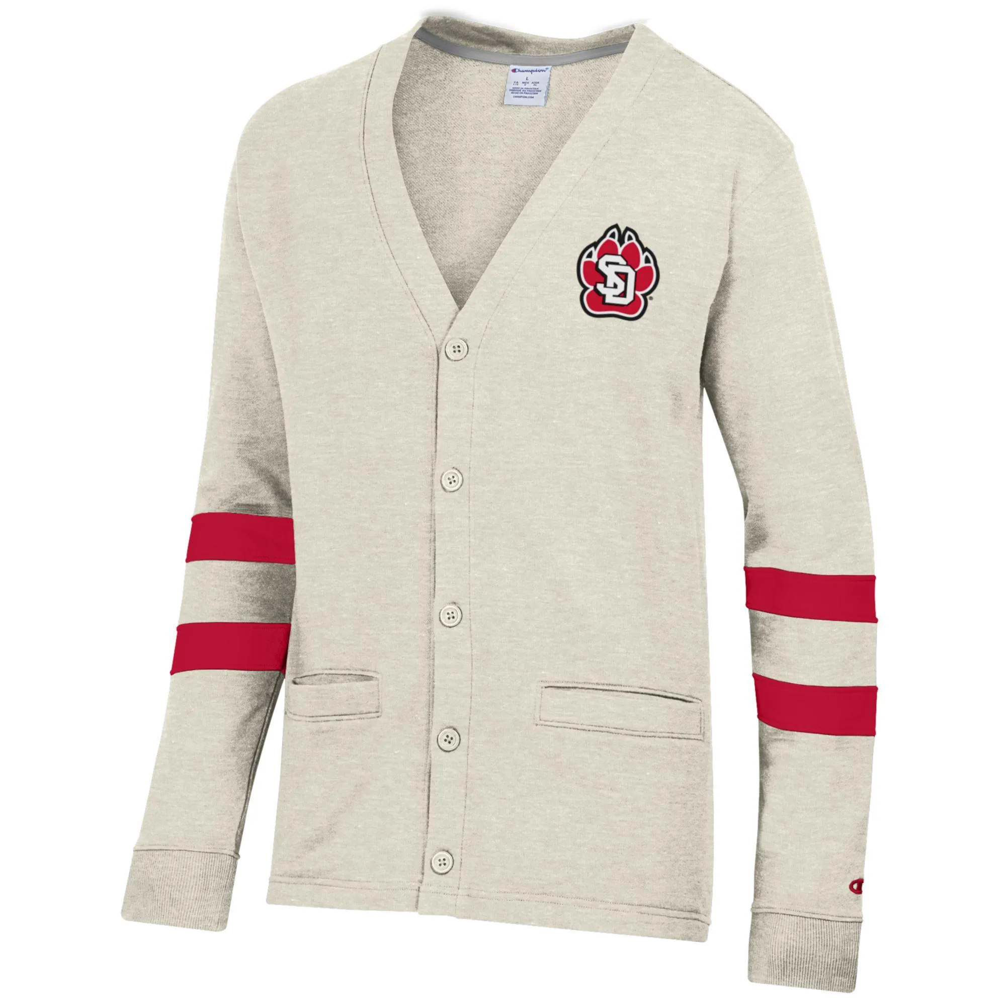 2024 Champion Oatmeal Cardigan with Red Stripes on Sleeve