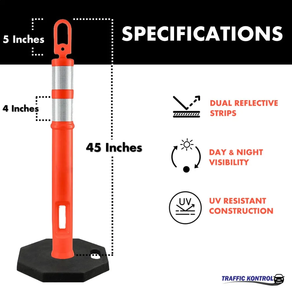 45" Traffic Safety Delineator Post and Base Kit - 3M Reflective Collars - Orange