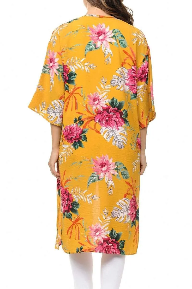 Auliné Collection Womens USA Made Casual Cover Up Cape Gown Robe Cardigan Kimono, Tropical Floral