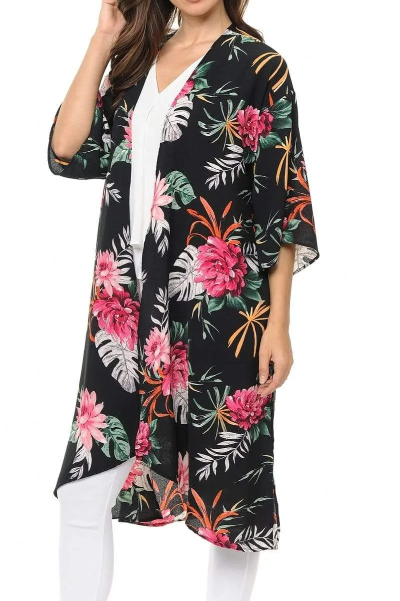 Auliné Collection Womens USA Made Casual Cover Up Cape Gown Robe Cardigan Kimono, Tropical Floral