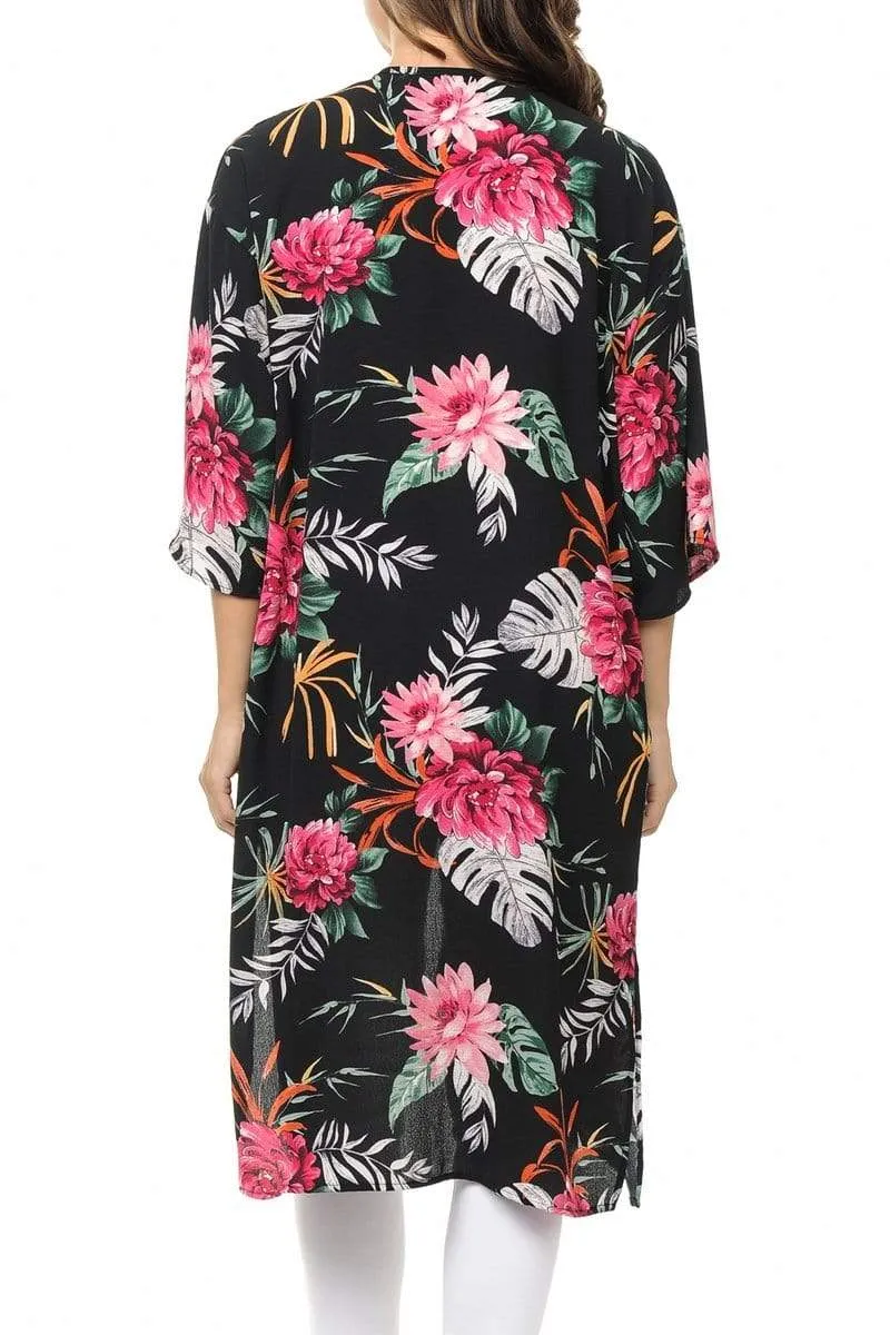 Auliné Collection Womens USA Made Casual Cover Up Cape Gown Robe Cardigan Kimono, Tropical Floral