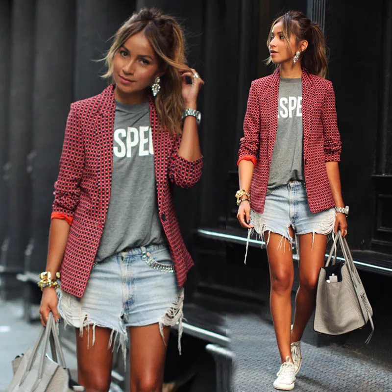 Blazer Thin Trendy Casual Women Red Chequered Long Sleeved Tops Suit Outerwear