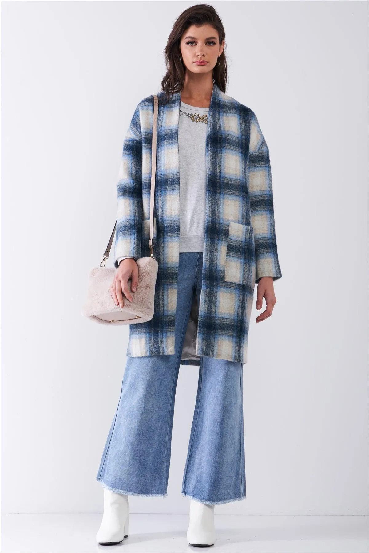 Blue Madras Check Plaid Open Front Long Sleeve Straight Wool Coat Jacket