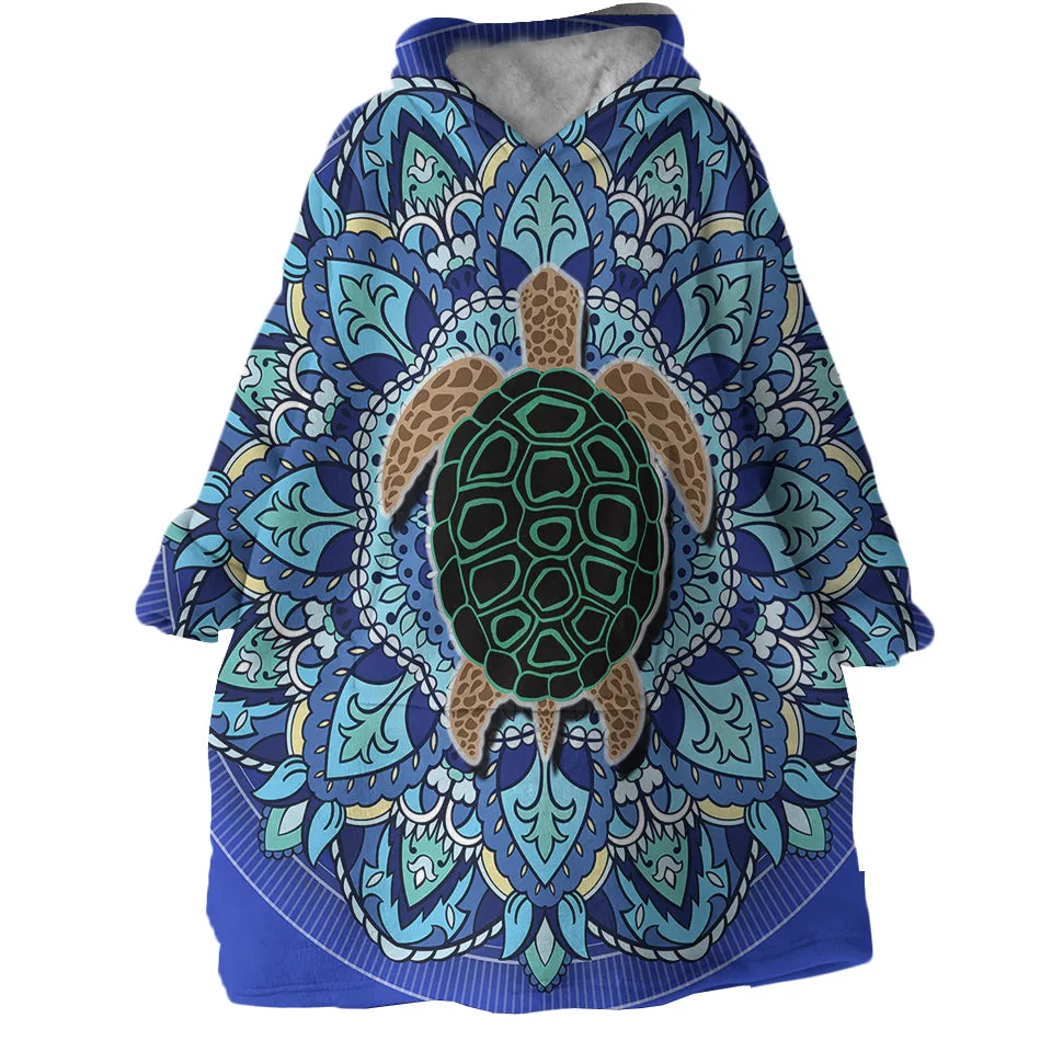 Blue Mandala Turtle Wearable Blanket Hoodie