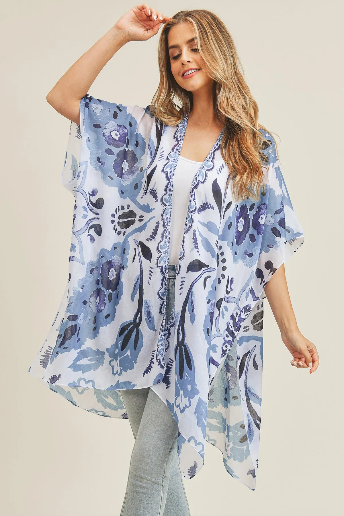 BOHEMIAN FLORAL PRINT OPEN FRONT KIMONO