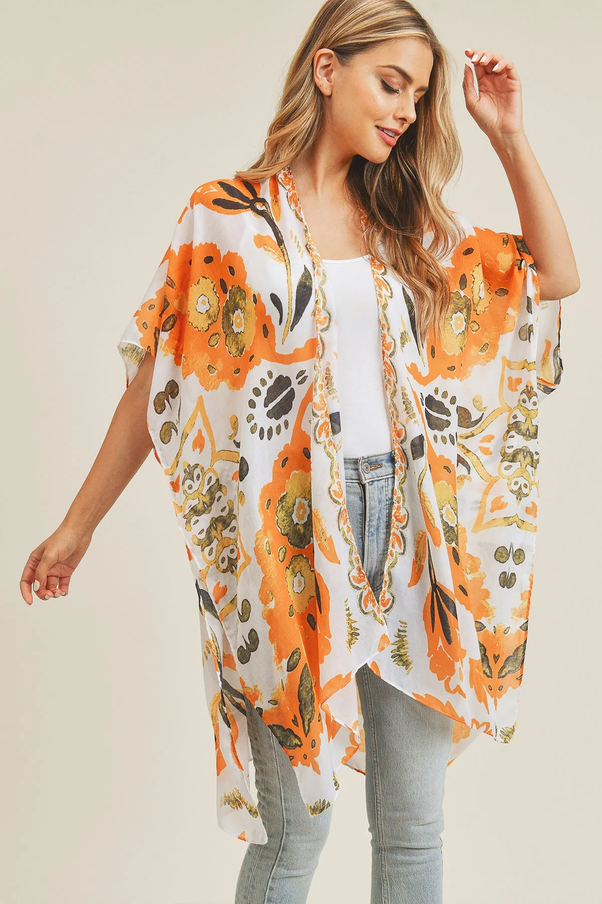 BOHEMIAN FLORAL PRINT OPEN FRONT KIMONO