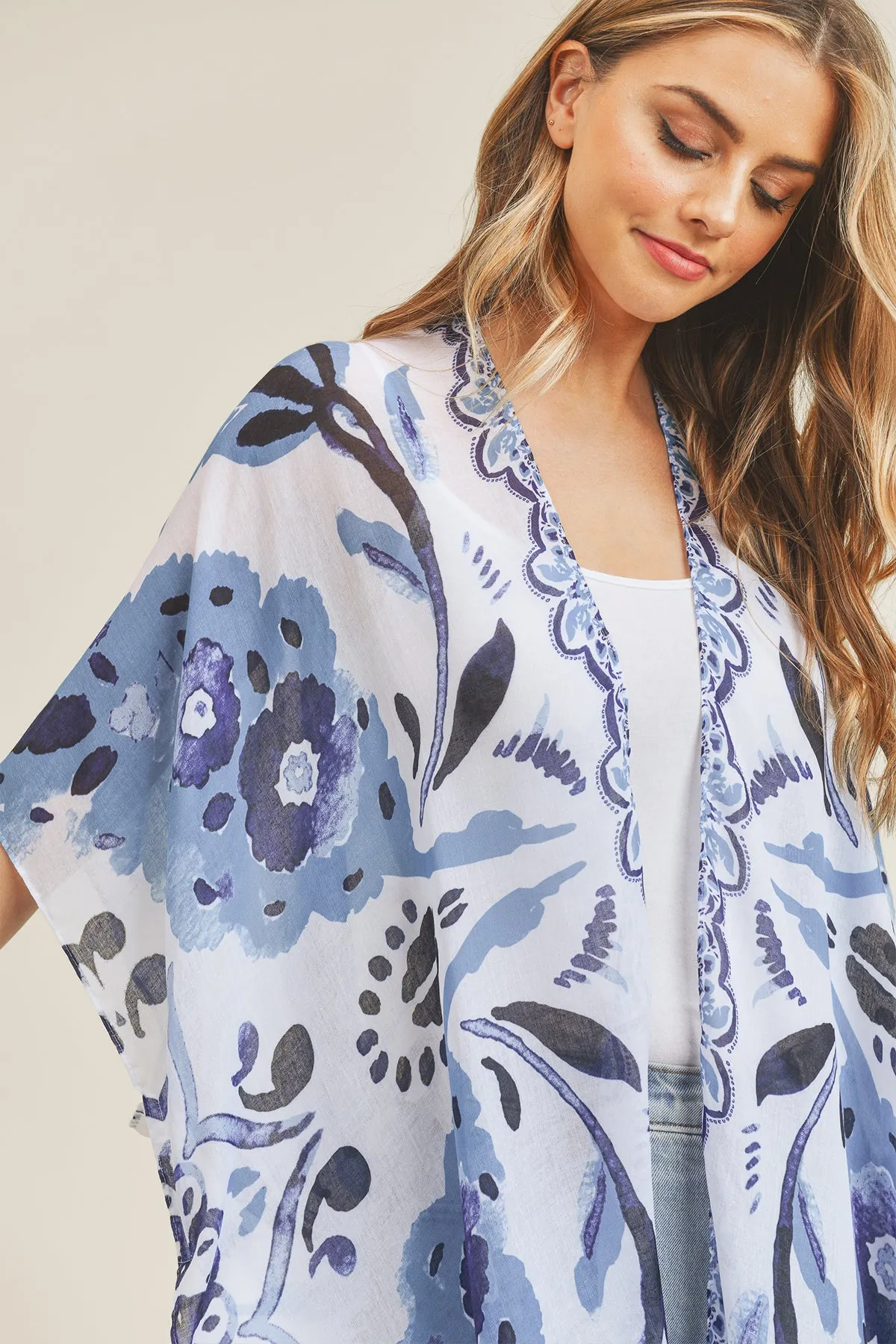 BOHEMIAN FLORAL PRINT OPEN FRONT KIMONO