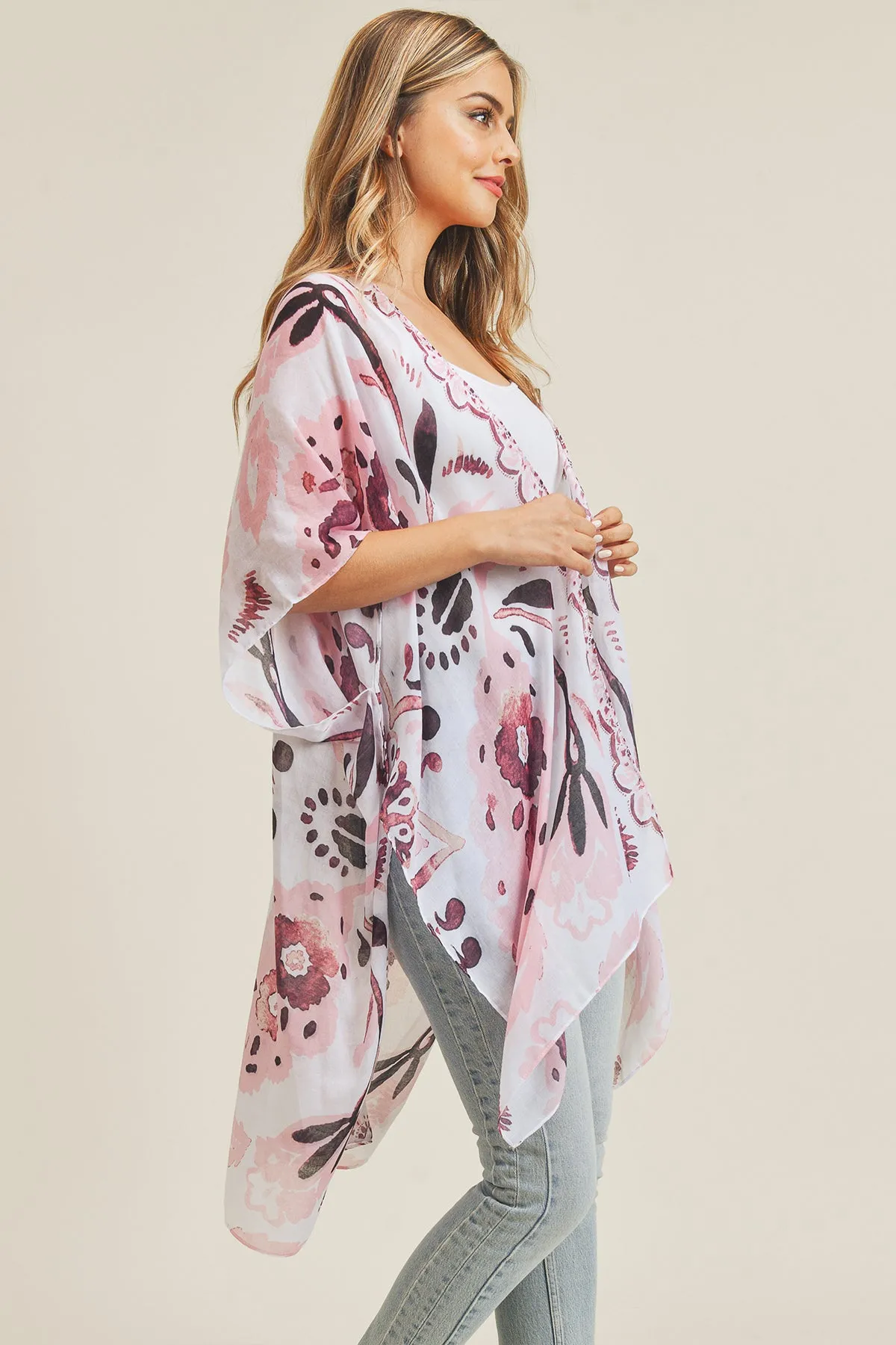 BOHEMIAN FLORAL PRINT OPEN FRONT KIMONO