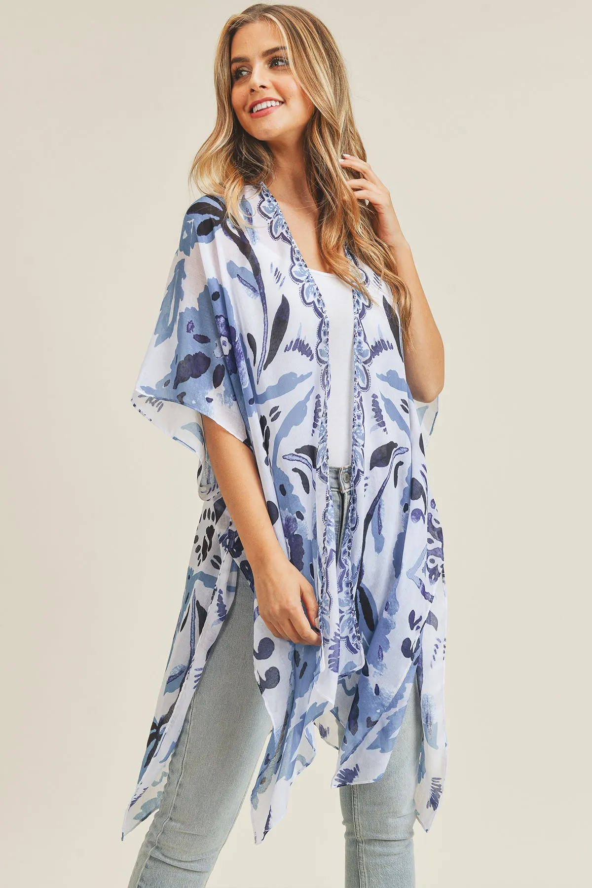 BOHEMIAN FLORAL PRINT OPEN FRONT KIMONO