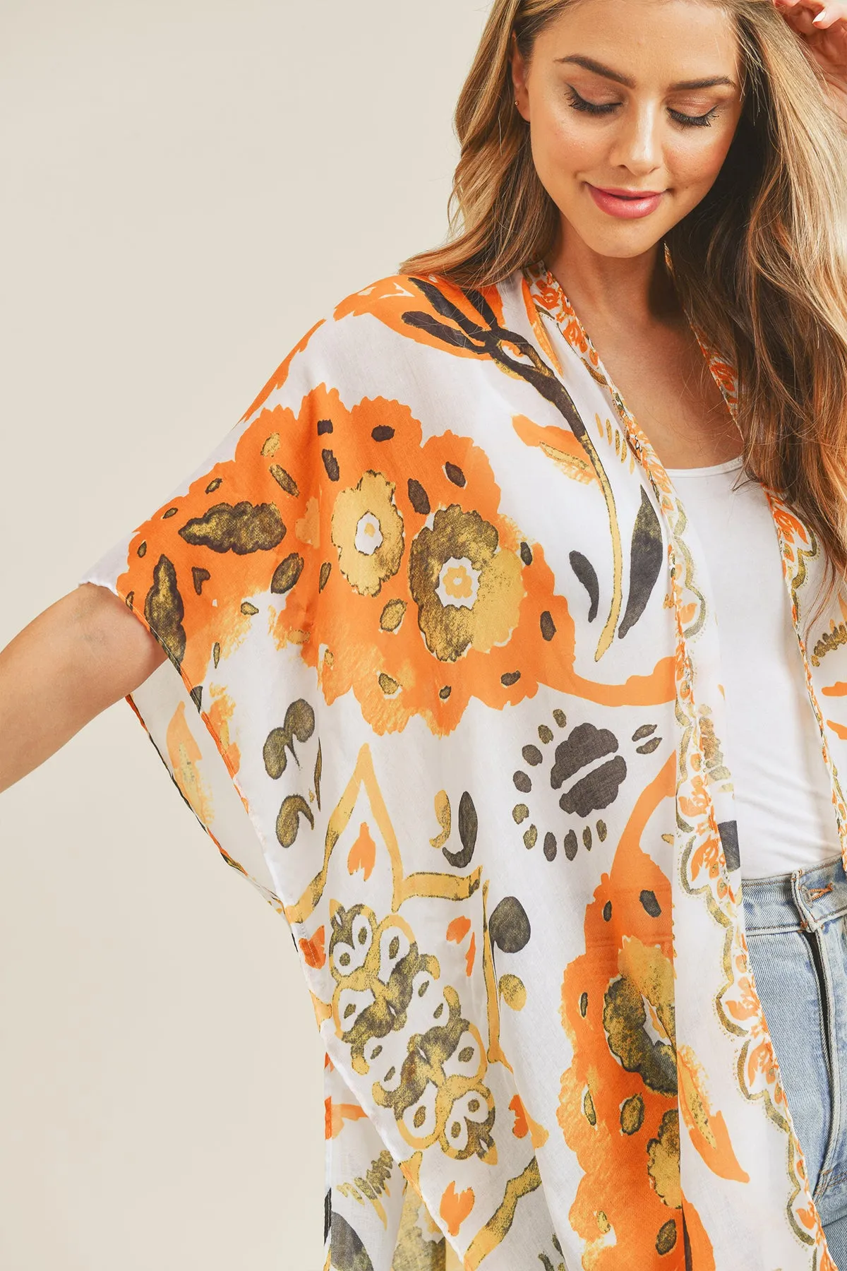 BOHEMIAN FLORAL PRINT OPEN FRONT KIMONO