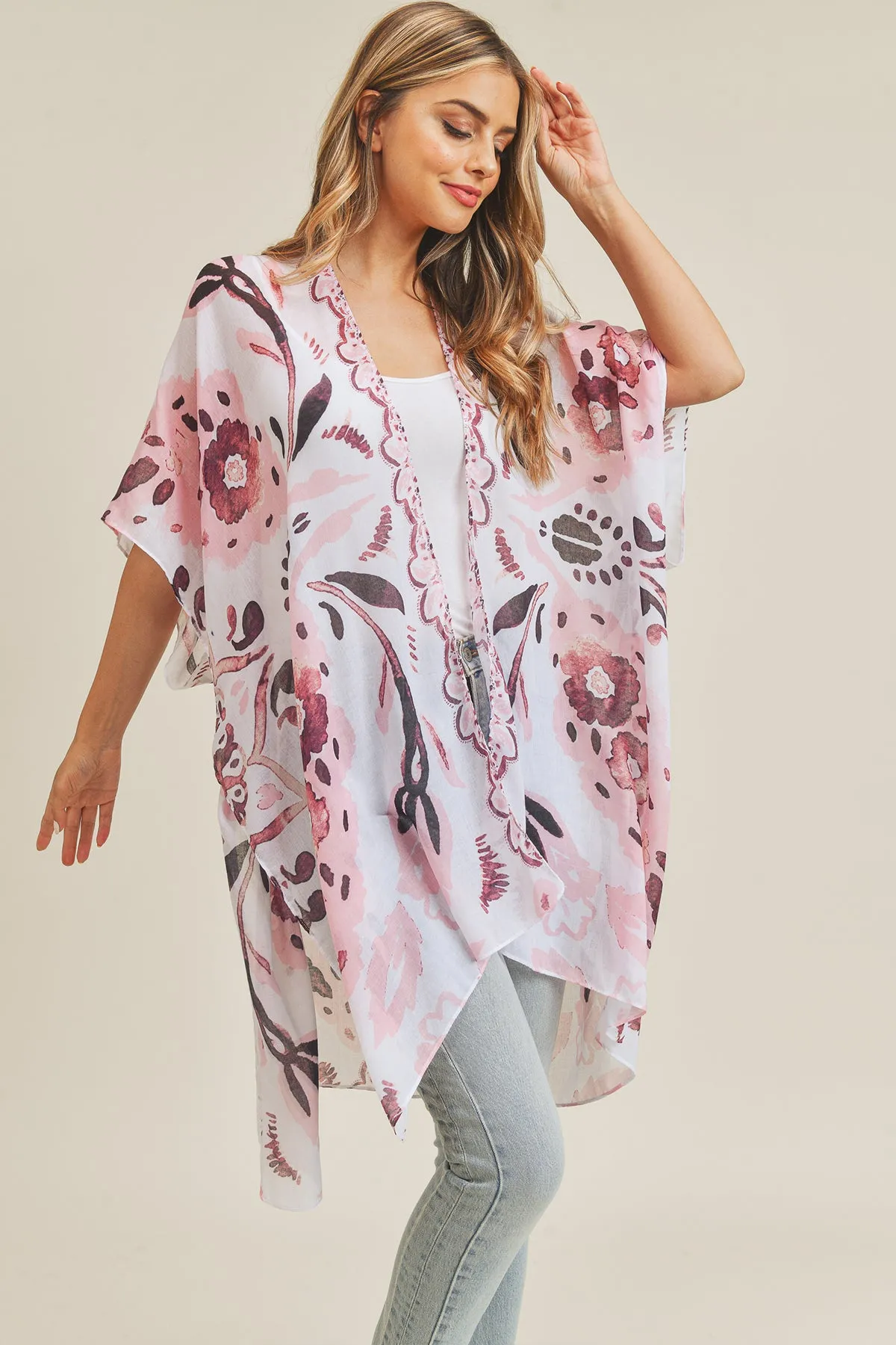 BOHEMIAN FLORAL PRINT OPEN FRONT KIMONO