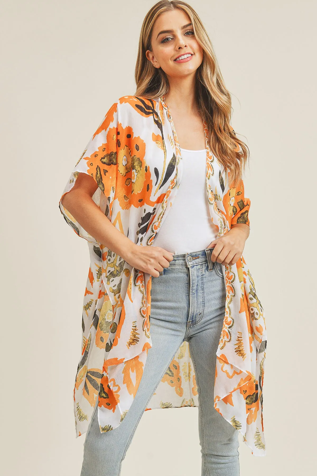 BOHEMIAN FLORAL PRINT OPEN FRONT KIMONO