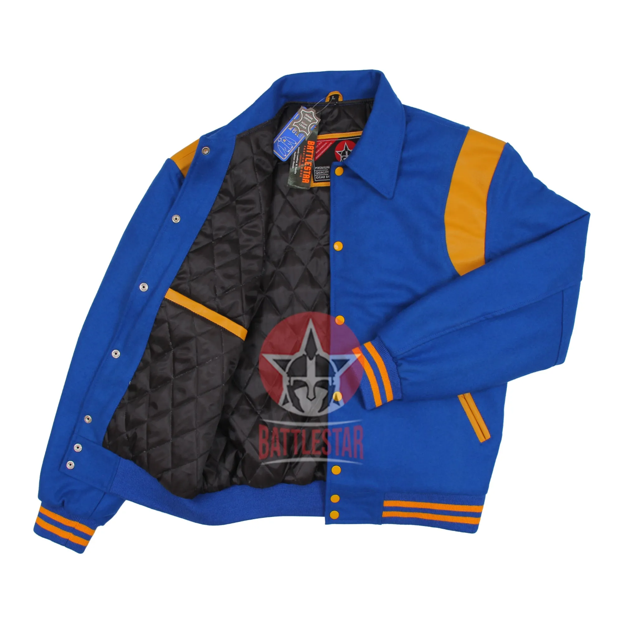 Byron Collar Royal Blue Wool Gold Yellow Leather Stripes Varsity Baseball Jacket