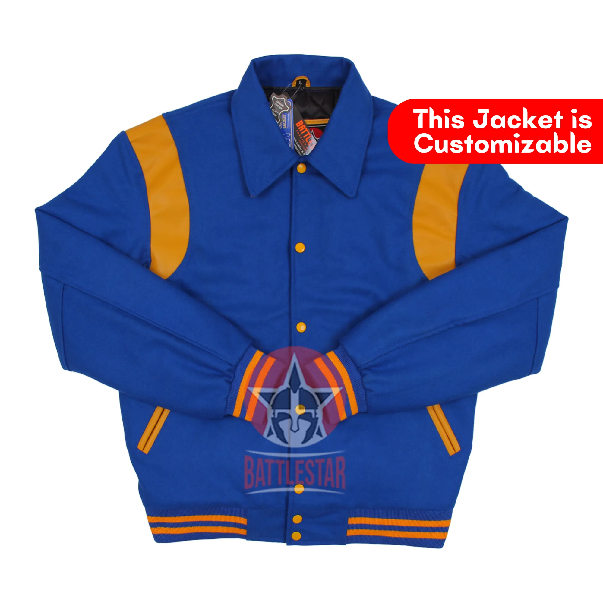 Byron Collar Royal Blue Wool Gold Yellow Leather Stripes Varsity Baseball Jacket