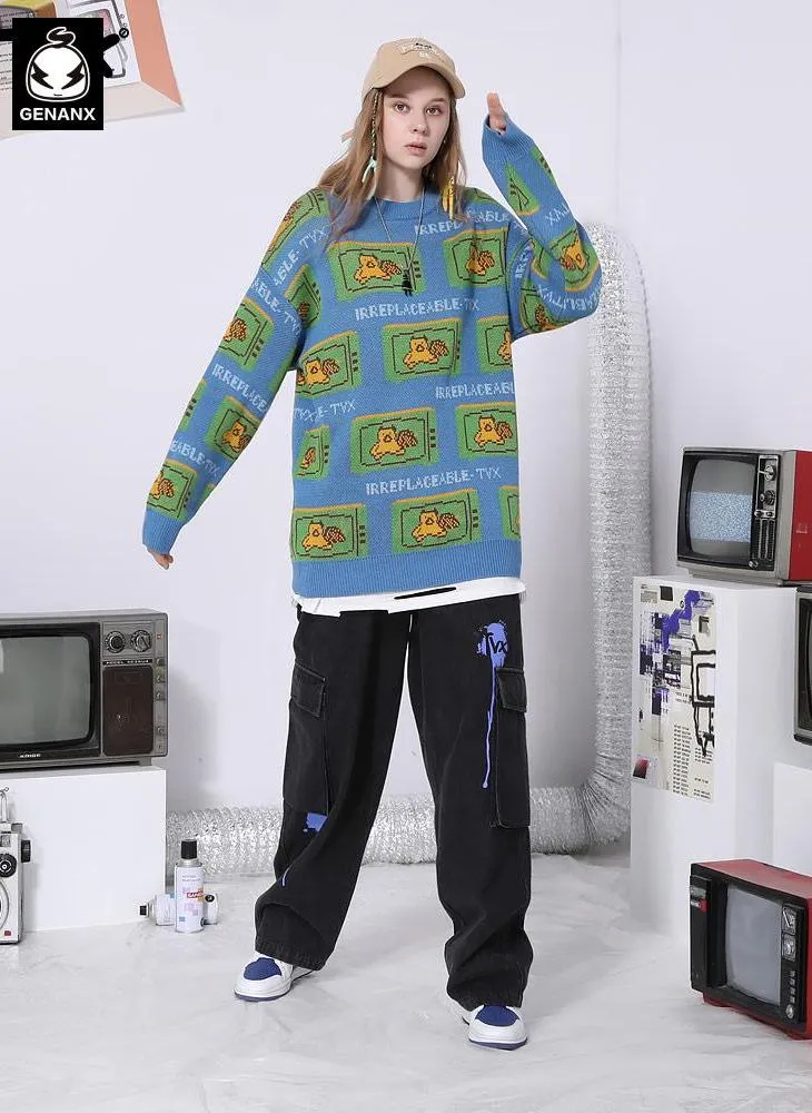 Color Block TV Bear Jacquard Sweater