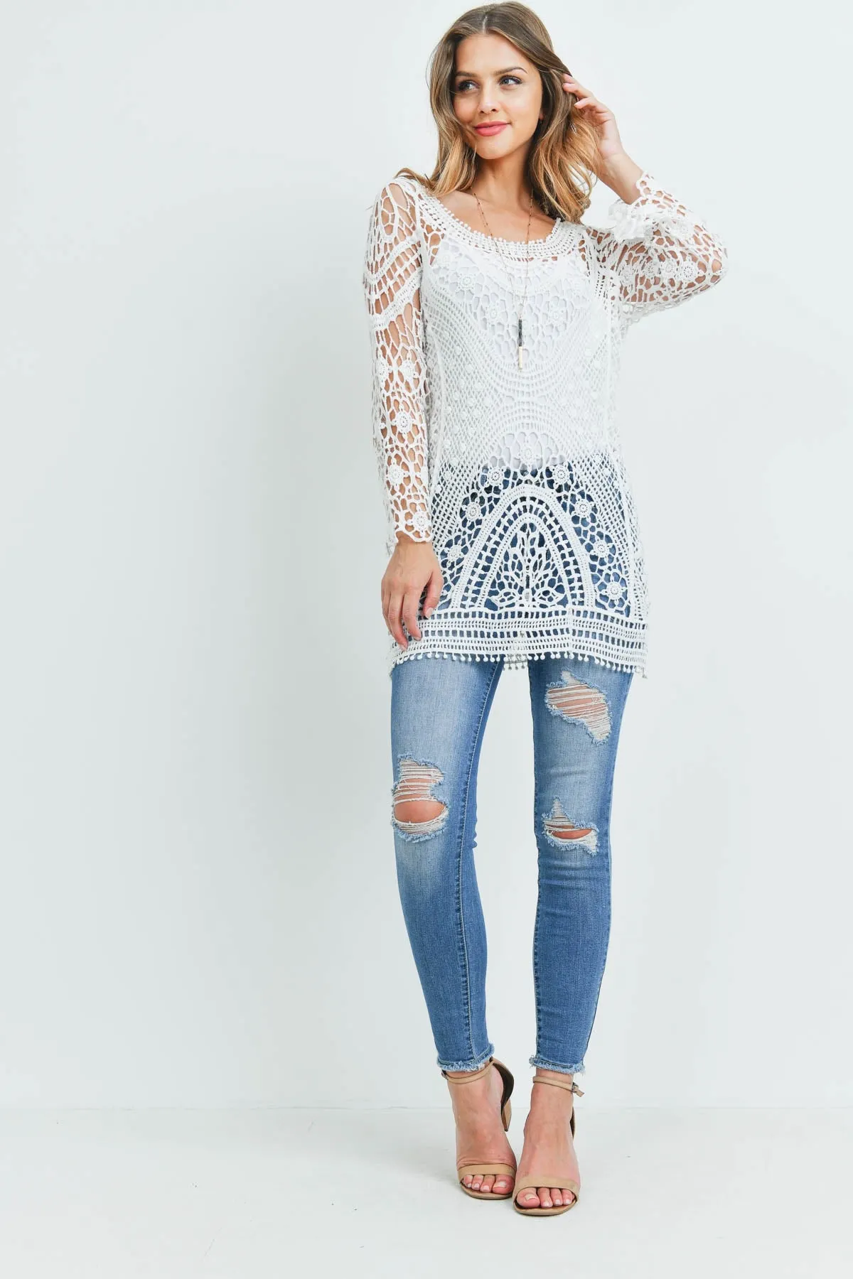 CROCHET COWL NECK BOHEMIAN TOP