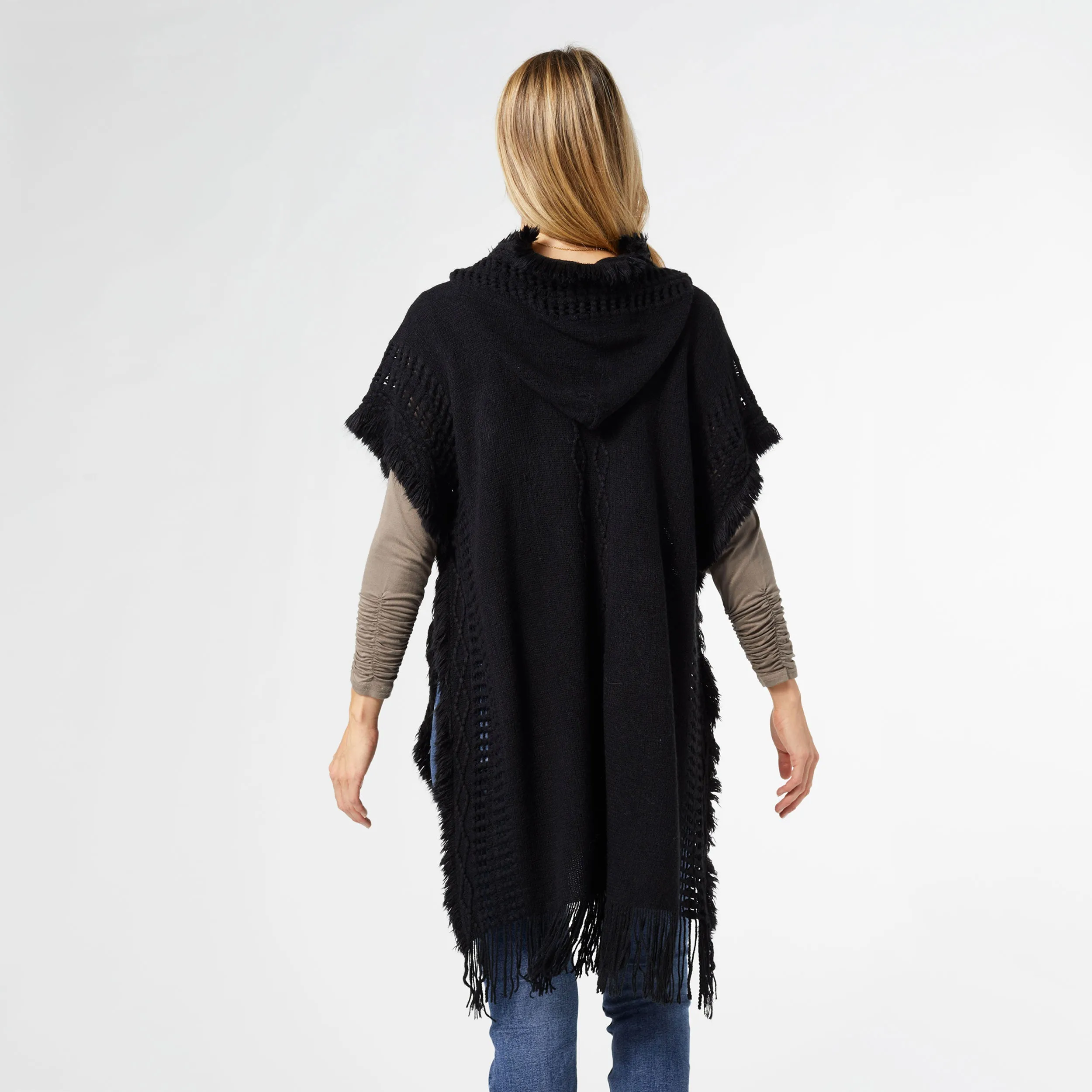 Eloise Hooded Ruana with Frayed Fringe - Black