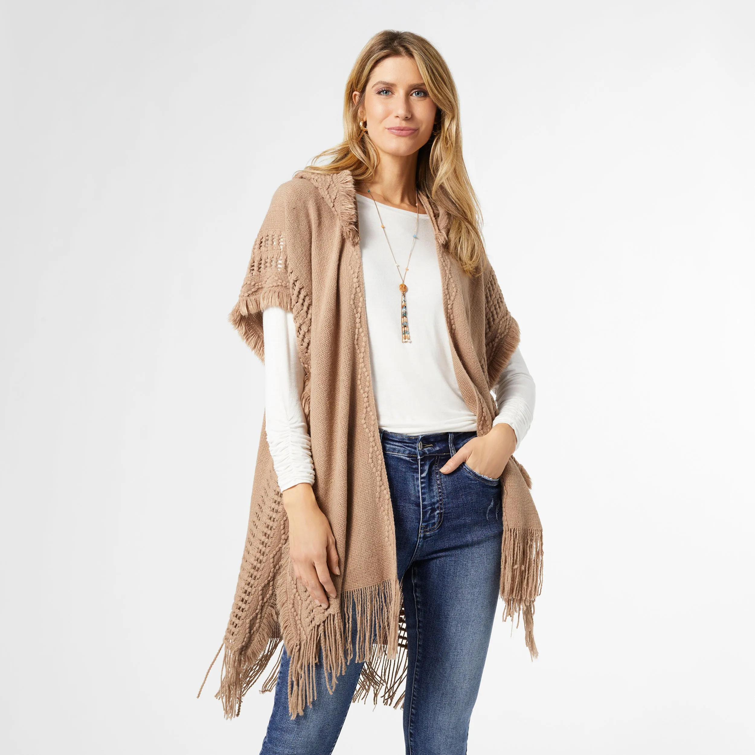 Eloise Hooded Ruana with Frayed Fringe - Taupe