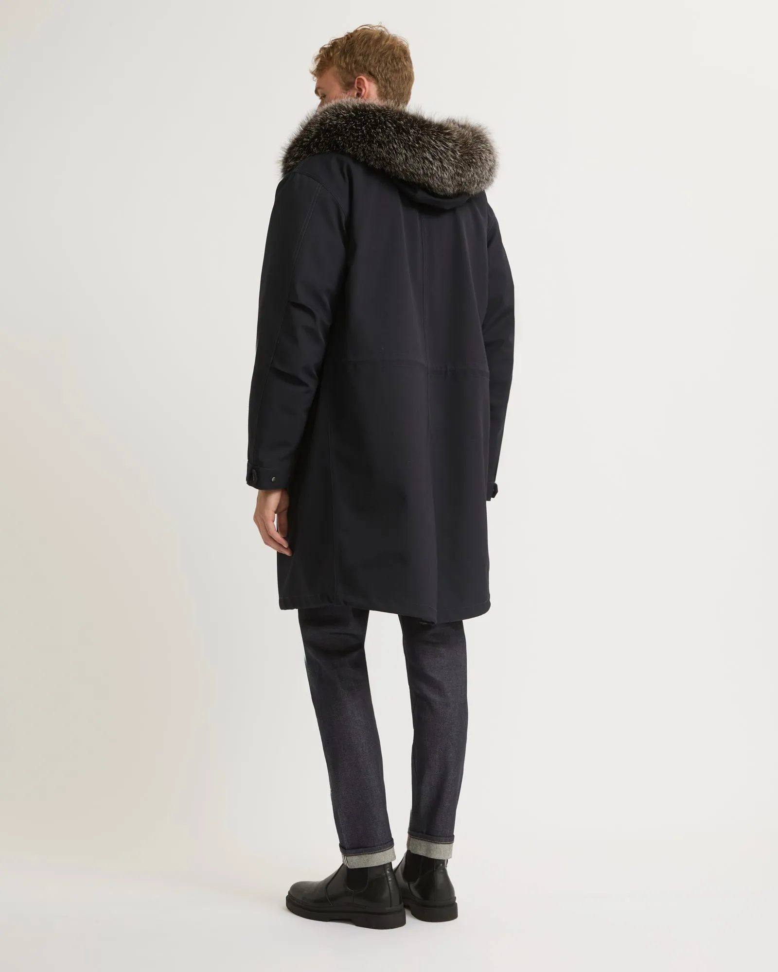 Fishtail parka in technical wool and fur