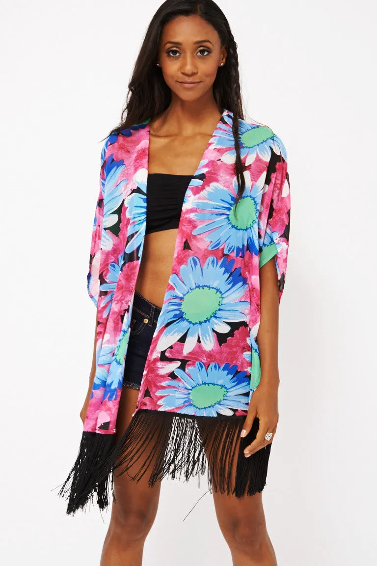 Flower Print Kimono With Tassels