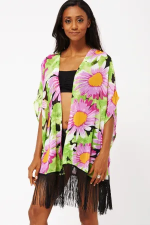 Flower Print Kimono With Tassels