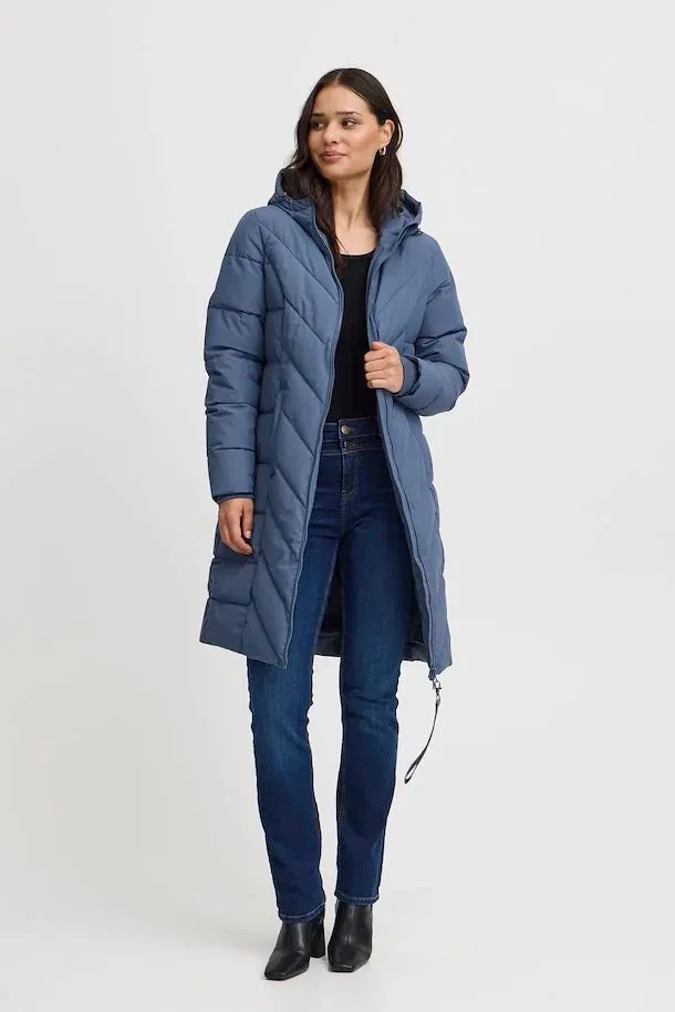 Fransa Blue Quilted Coat with hood and Zip pockets