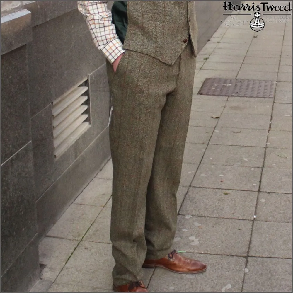 Harris Tweed Beige/Olive Herringbone Trousers--