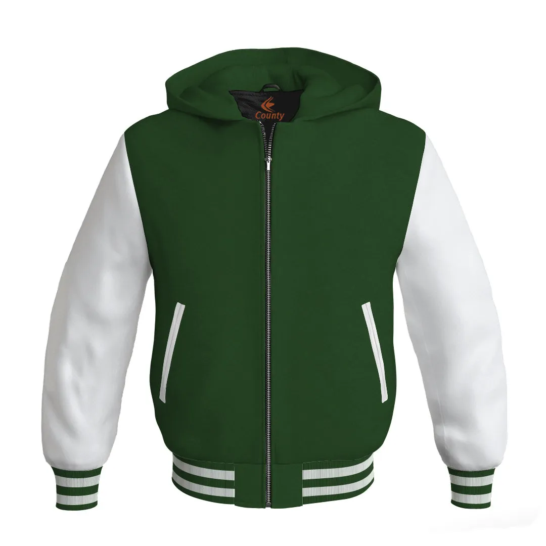 Hoodie Jackets Forest Green Body and White Leather Sleeves Bomber Jacket