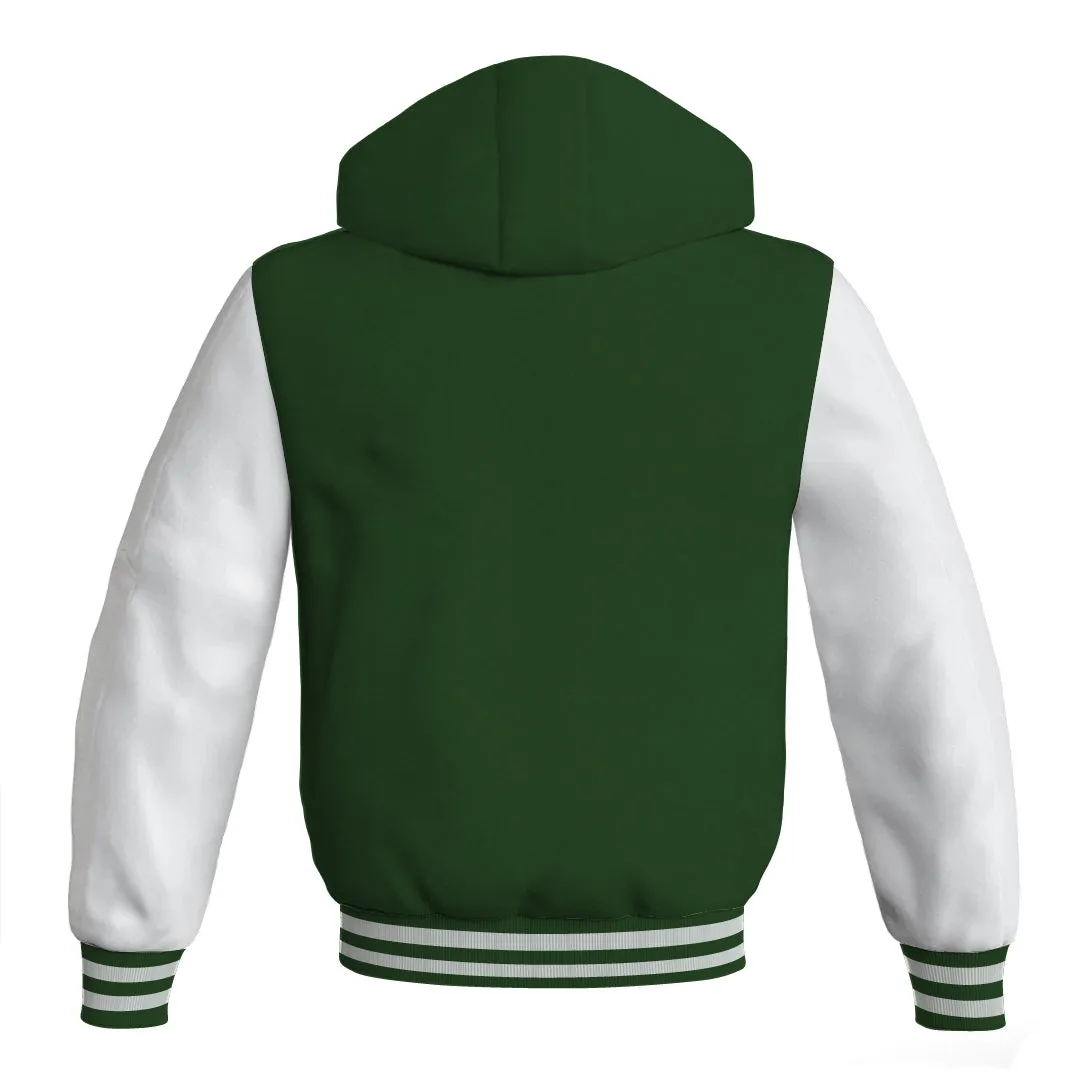 Hoodie Jackets Forest Green Body and White Leather Sleeves Bomber Jacket