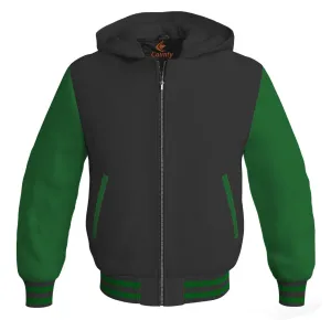 Hoodies For Men Black Body and Green Leather Sleeves Varsity Hoodie