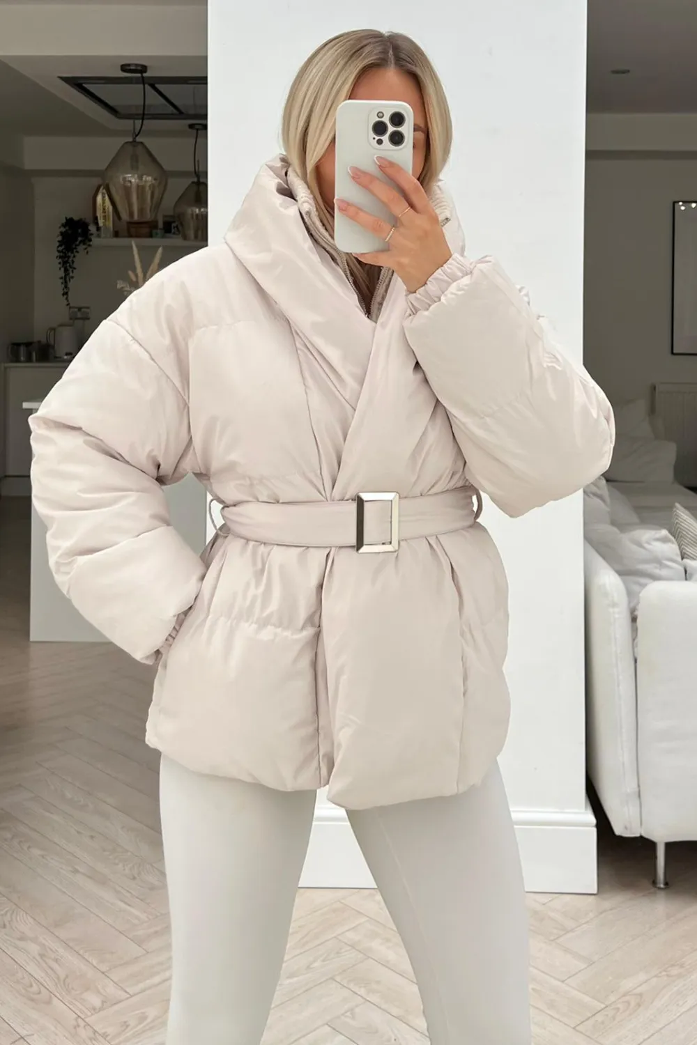 lauren beige short belted puffer coat