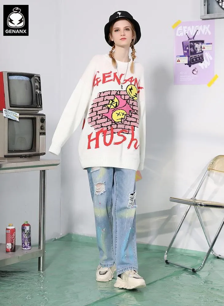 Letter Graffiti Print Pullover Couple Sweater