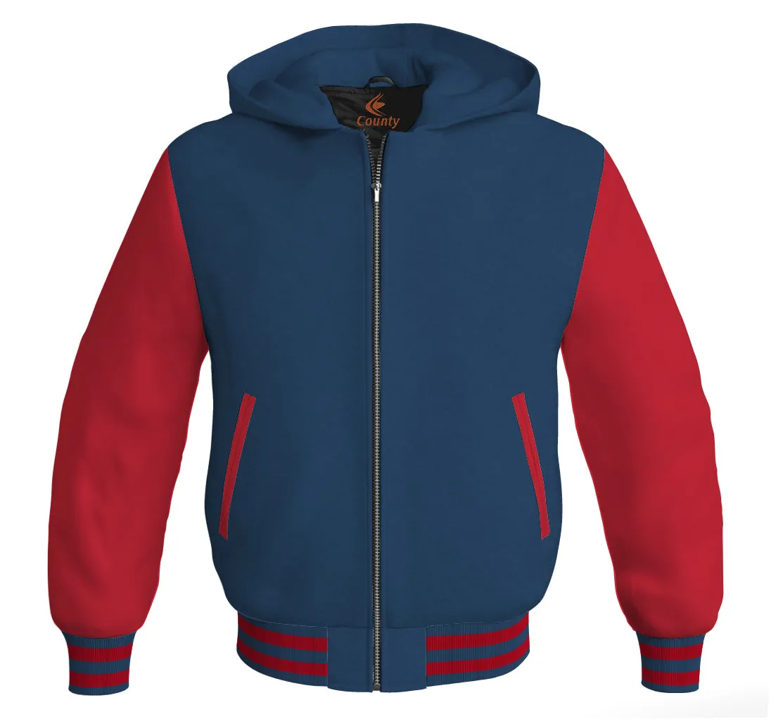 Letterman Hoodie Navy Blue Body and Red Leather Sleeves Varsity Hoodie