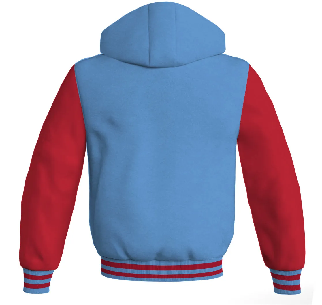 Letterman Hoodie Sky Blue Body and Red Leather Sleeves Varsity Hoodie