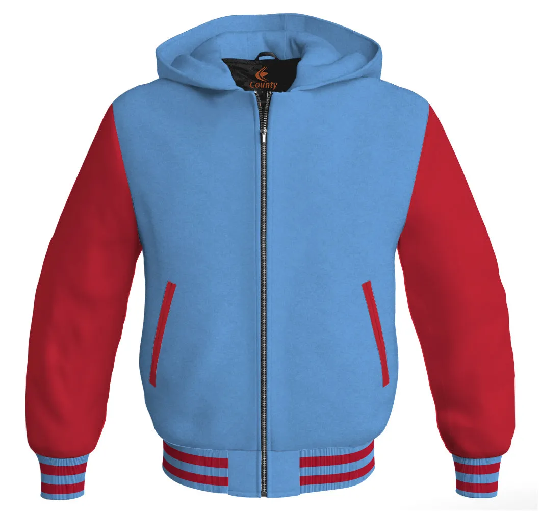 Letterman Hoodie Sky Blue Body and Red Leather Sleeves Varsity Hoodie