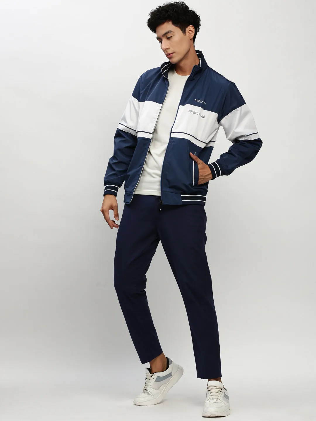 Men Blue Colourblock Casual Bomber Jackets