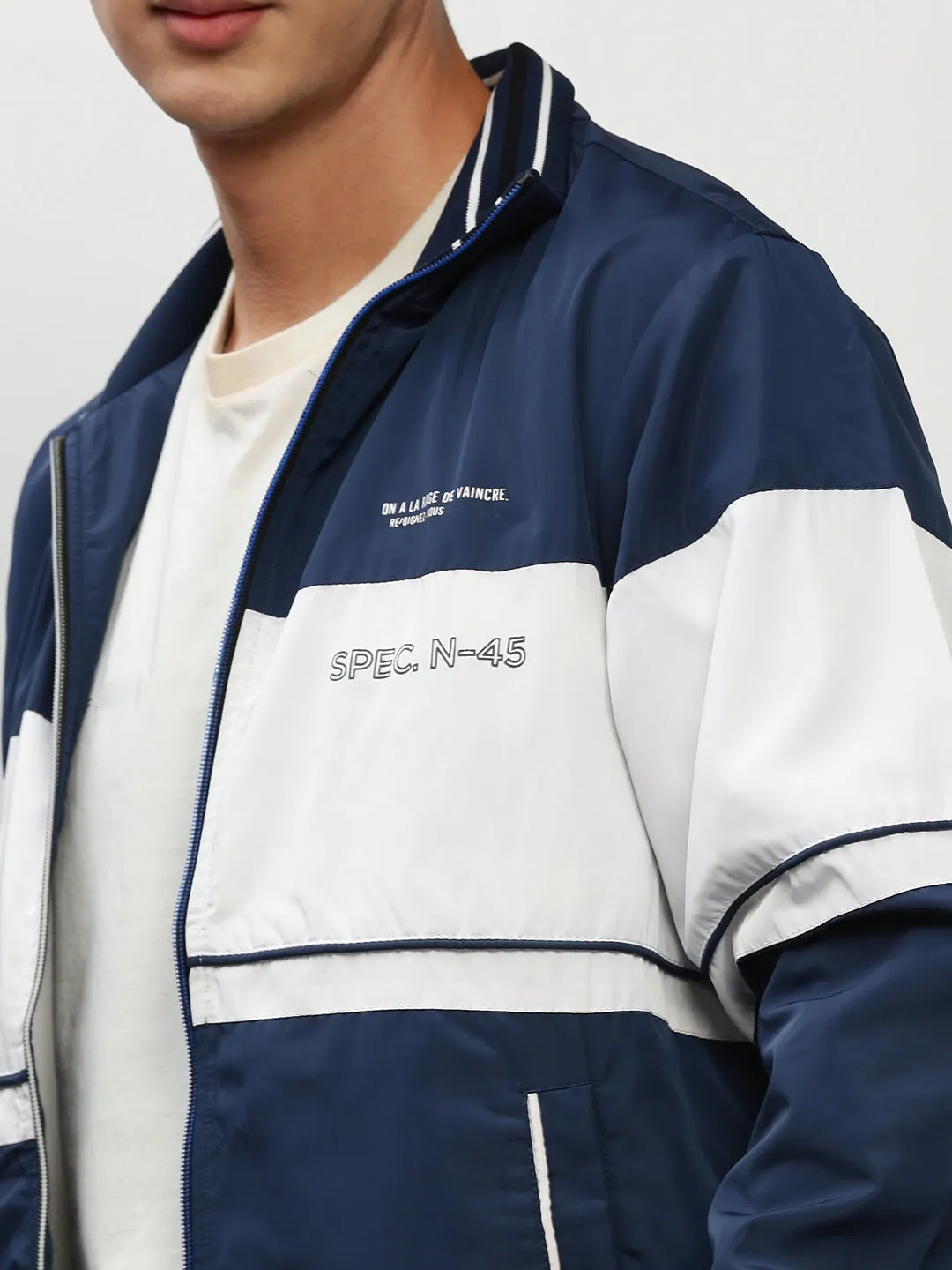 Men Blue Colourblock Casual Bomber Jackets