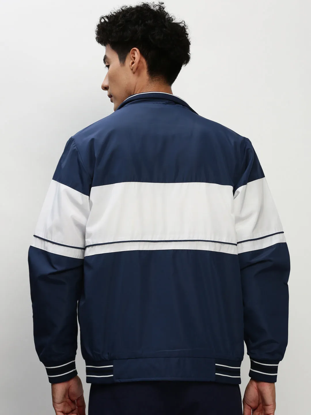 Men Blue Colourblock Casual Bomber Jackets