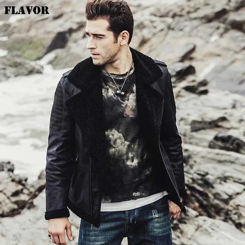 Men's Genuine Leather Jacket with Faux Fur Shearling